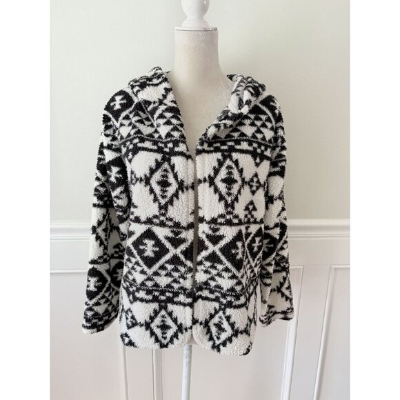 Eye Candy M Cream Black Aztec Print Sherpa Fleece Open Hooded Cardigan EUC - Picture 1 of 5